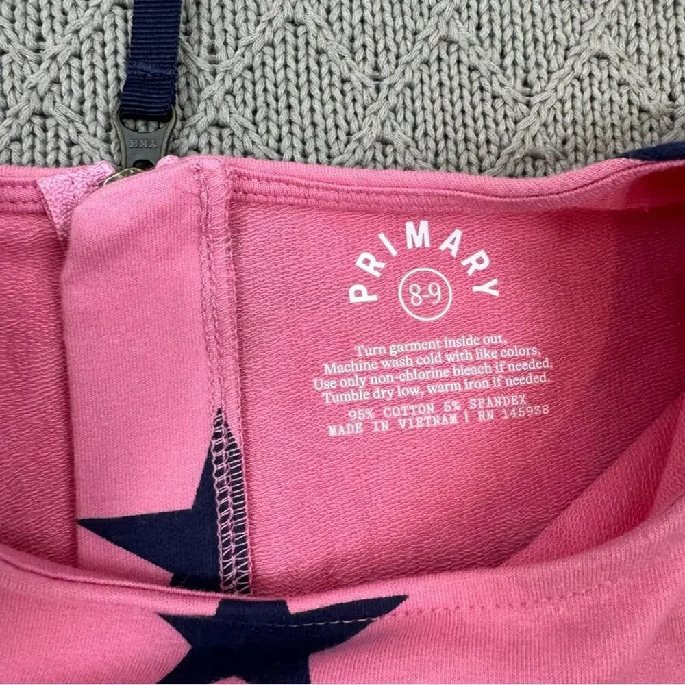 Primary Girls Long Sleeved Pink Dress with Navy Star Accents & Pockets 8/9